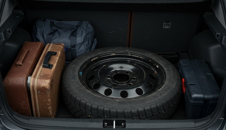 Spare tire in a car's trunk
